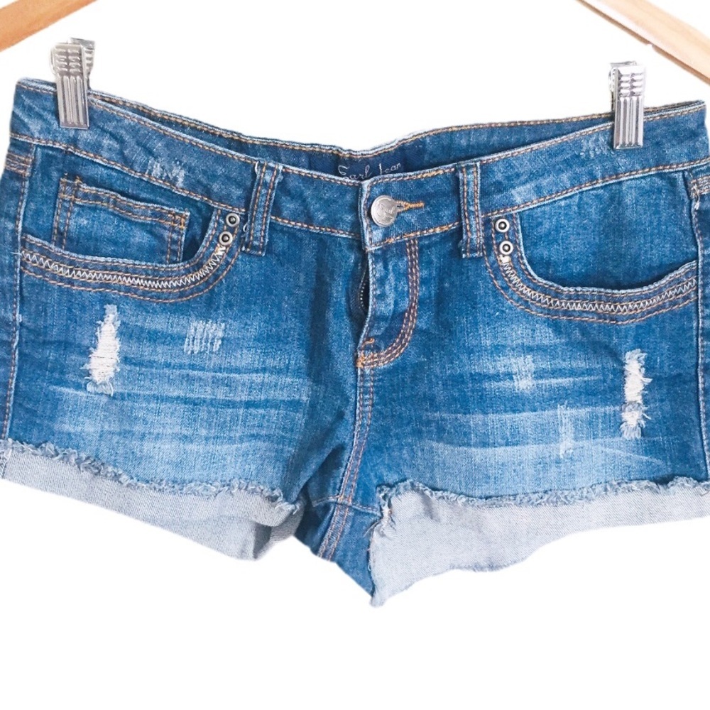EARL JEAN Blue Distressed Denim Shorts Frayed Mid Rise Jorts 9